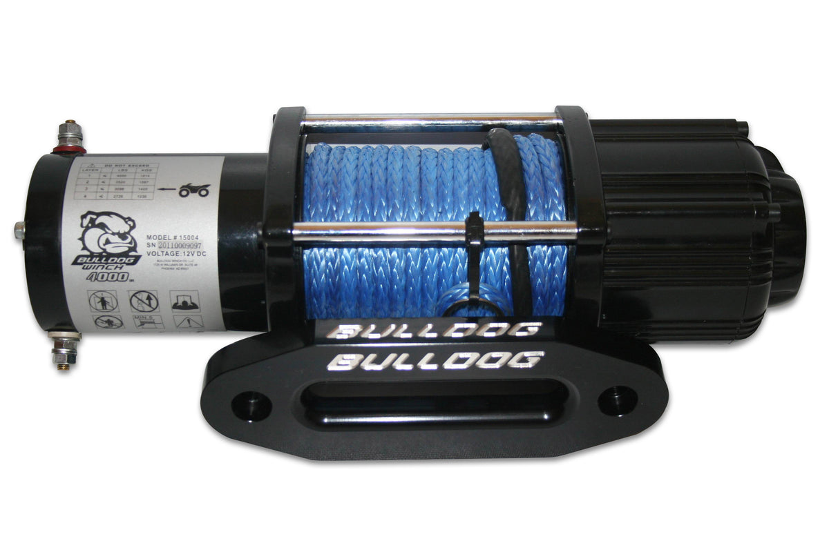 Bulldog Winch 4000lb UTV Utility Winch long drum 50ft Synthetic Rope Aluminum Hawse Fairlead mounting plate handlebar hand held switches 15012